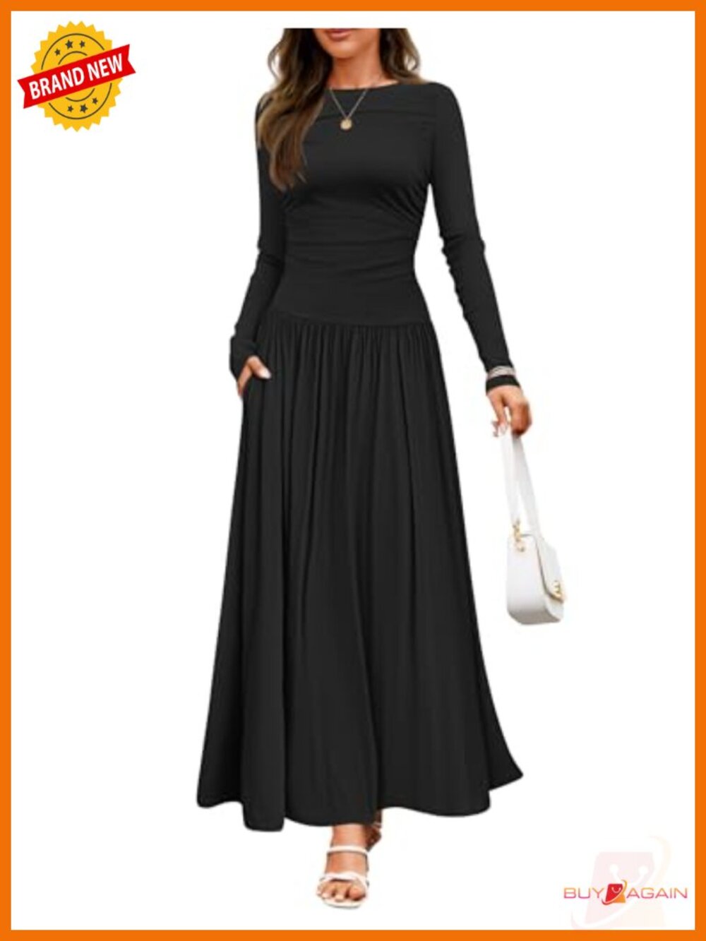 Womens Slimming Knit Maxi Dress Long Sleeve Crewneck Pleated